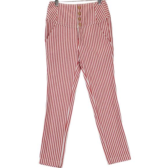 Free People Frankie Y2K High Rise Crop Pants 2 Red White Stripe Button Fly Twee - Picture 1 of 15